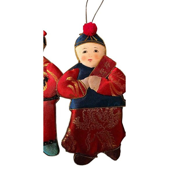 4 Vintage Ornament Dolls Fabric Asian-Inspired In Red & Blue With Gold Accents - Picture 5 of 8
